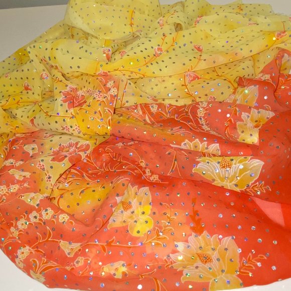 Long Sheer Sequin Yellow Orange Scarf, Wrap or Fabric Piece 66 x 42 in - Picture 1 of 7